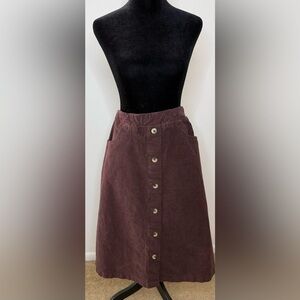 Brown Corduroy faux button front cottage core preppy midi skirt elastic waist M